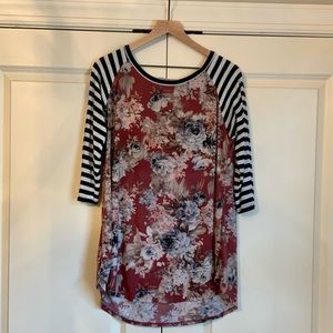 BOGO - Floral Top with Striped Sleeves